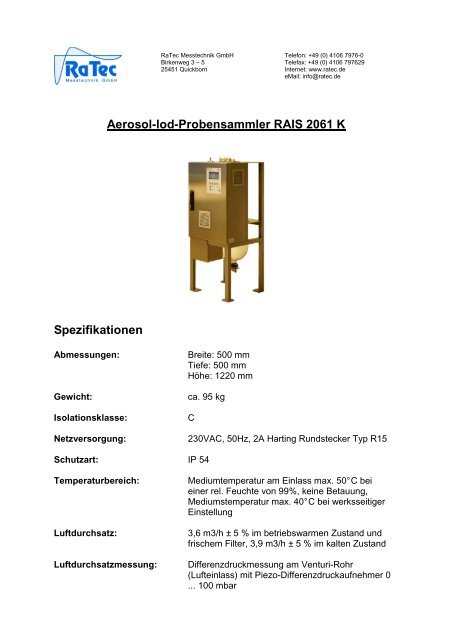 Aerosol-Iod-Probensammler RAIS 2061 K Spezifikationen