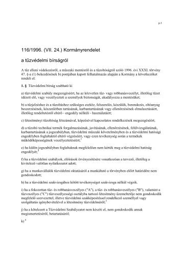 116/1996. (VII. 24.) KormÃ¡nyrendelet a tÅ±zvÃ©delmi bÃ­rsÃ¡grÃ³l