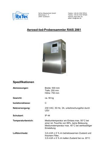 Aerosol-Iod-Probensammler RAIS 2061 Spezifikationen