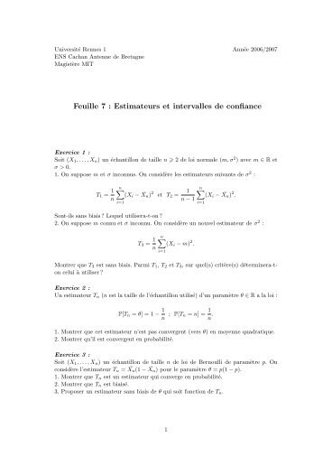 Feuille 7 : Estimateurs et intervalles de confiance - ENS de Cachan ...
