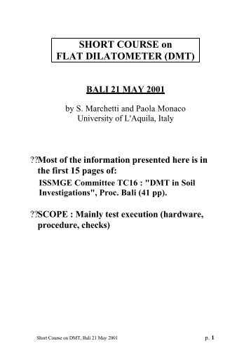 SHORT COURSE on FLAT DILATOMETER (DMT) - Marchetti DMT
