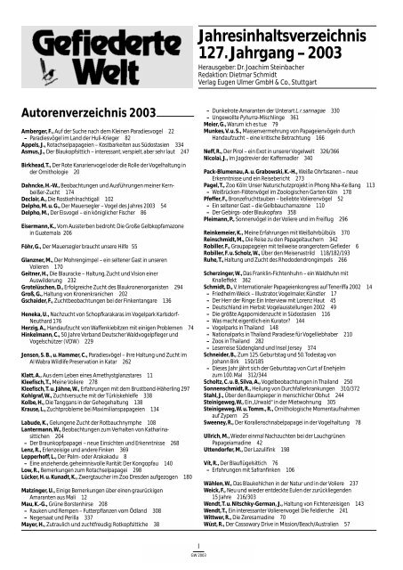 Jahresinhaltsverzeichnis 127.Jahrgang â€“ 2003 - Gefiederte Welt