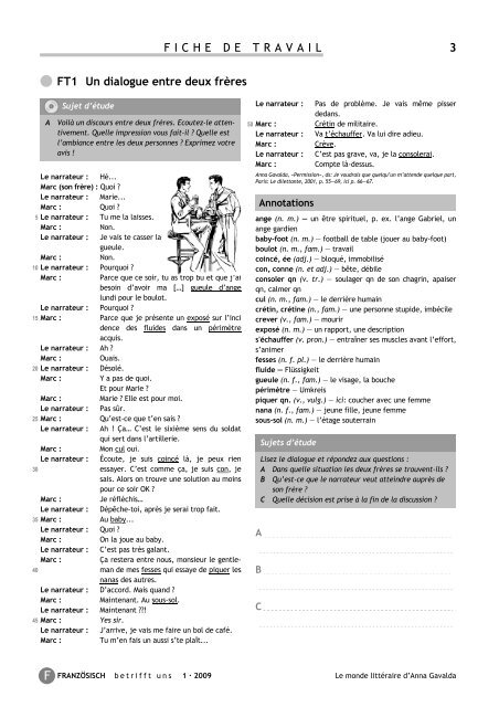 FICHE DE TRAVAIL 3 . FT1 Un dialogue entre deux frères