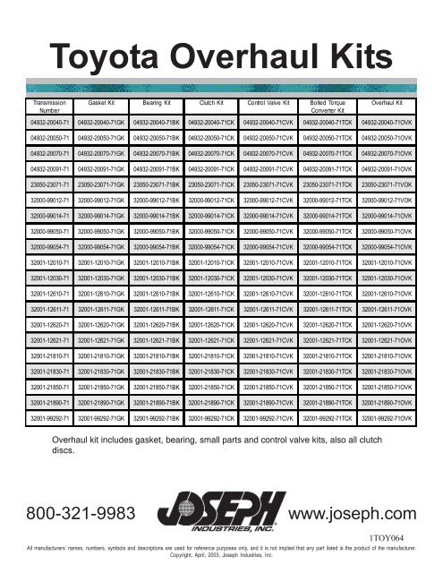 Toyota Overhaul Kits - Joseph Industries, Inc.