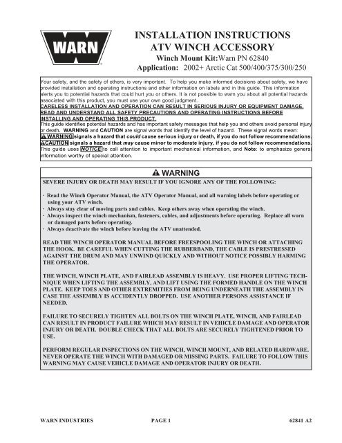 INSTALLATION INSTRUCTIONS ATV WINCH ACCESSORY - WARN