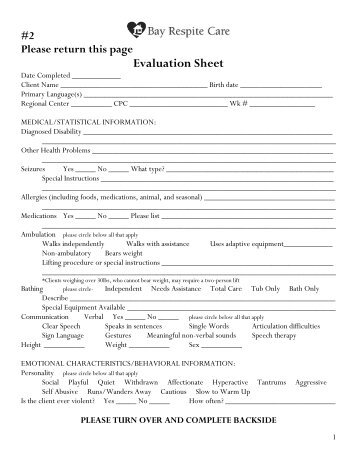 Evaluation Sheet - Bay Respite Care