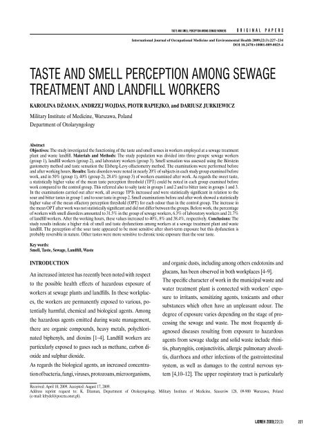 taste and smell perception among sewage treatment and landfill ...