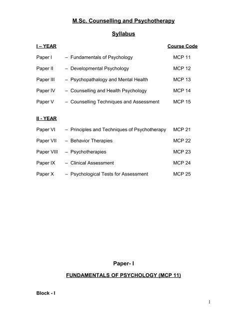 M.Sc. Counselling And Psychotherapy Syllabus Paper- I