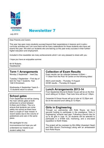 Parents / Carers July 2013 Newsletter - Downend School