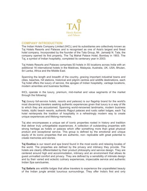 View Fact Sheet on Taj Hotels Resorts and Palaces