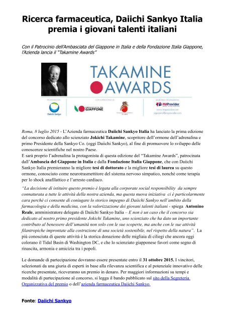 Ricerca farmaceutica, Daiichi Sankyo Italia premia i giovani talenti italiani