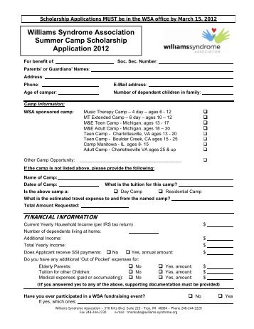 Williams Syndrome Association Summer Camp Scholarship ...