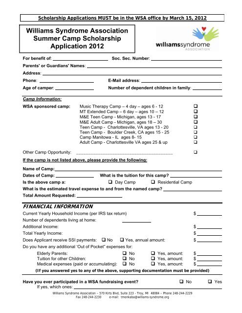 Williams Syndrome Association Summer Camp Scholarship ...