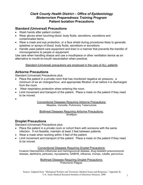 Patient Isolation Precautions Southern Nevada Health District
