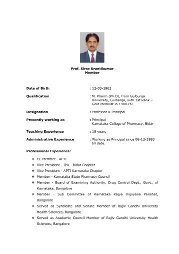 Prof. Sirse Krantikumar - Karnataka State Pharmacy Council