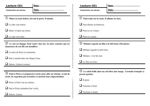 Ce1 - Lecture comprÃ©hension - Cycle 2 - Exercices - Pass Education