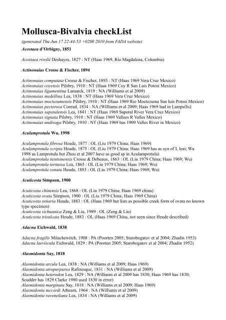 Mollusca-Bivalvia checklist - FADA