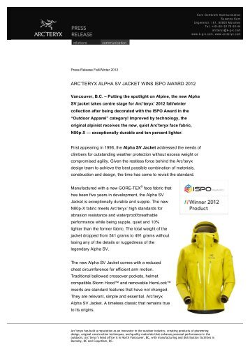 ARC'TERYX ALPHA SV JACKET WINS ISPO AWARD ... - Amer Sports