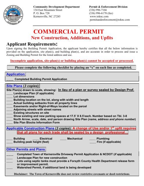 Commercial Building Permit Application - Town of Kernersville