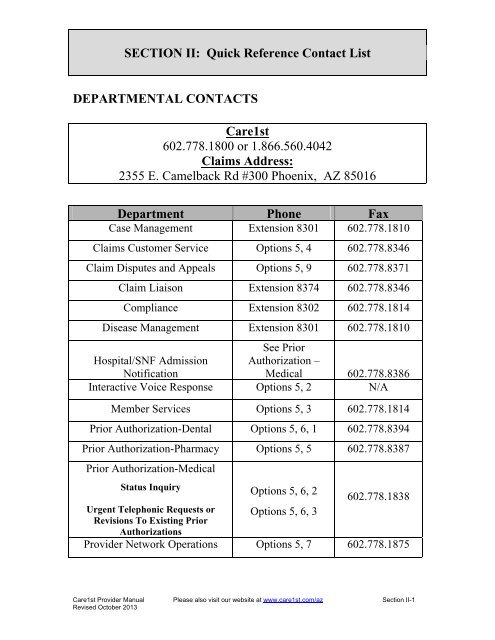 SECTION II: Quick Reference Contact List - Care1st Health Plan