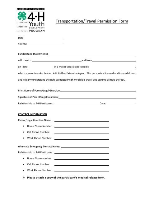 Transportation/Travel Permission Form - Lassen County