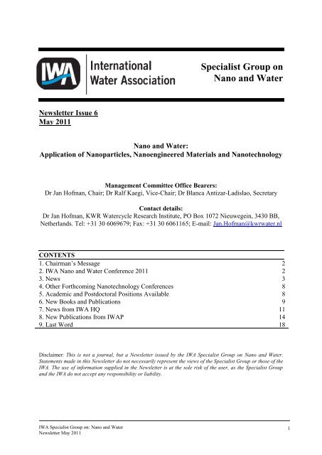 Specialist Group On Nano And Water Iwa