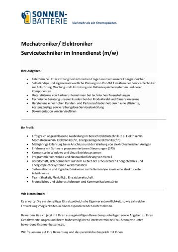 Mechatroniker/ Elektroniker Servicetechniker im ... - Sonnenbatterie