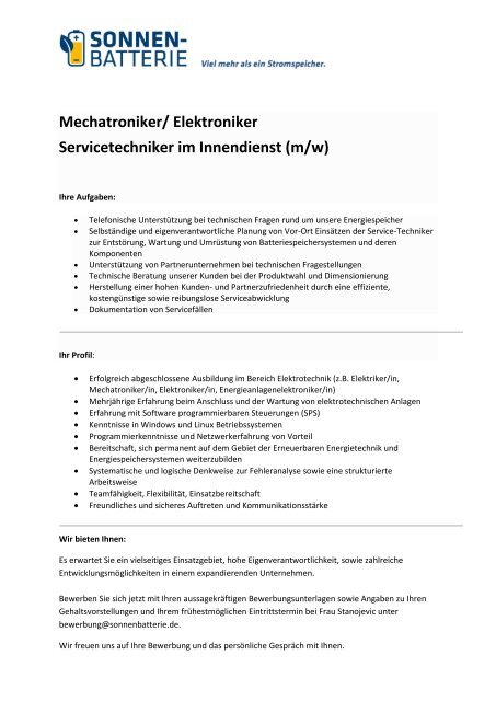 Mechatroniker/ Elektroniker Servicetechniker im ... - Sonnenbatterie