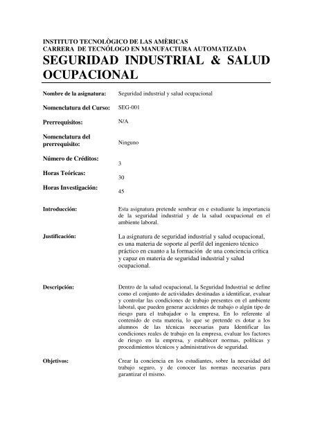 SEGURIDAD INDUSTRIAL & SALUD OCUPACIONAL - ITLA