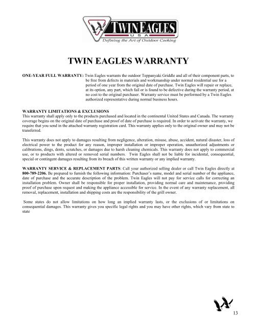 USE AND CARE MANUAL - Twin Eagles