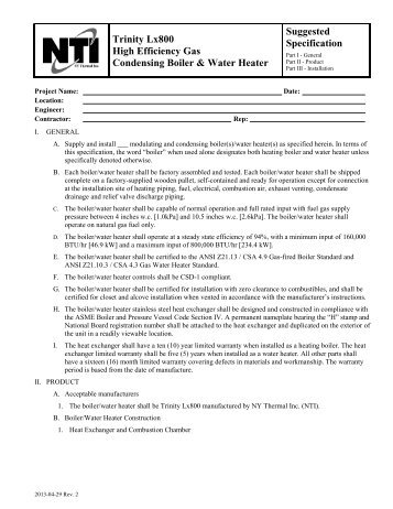 Trinity Lx 800 Suggested Specifications - NY Thermal Inc.