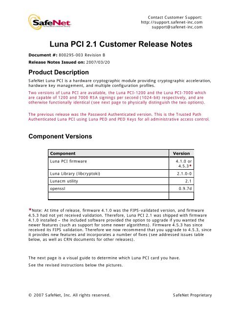 Luna PCI 2.1 Customer Release Notes - SafeNet