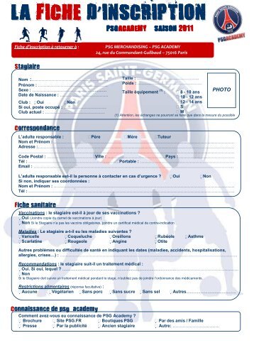 Fiche d'inscription - PSG