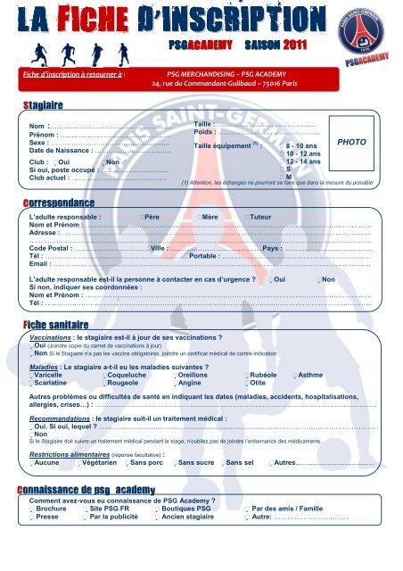 Fiche d'inscription - PSG