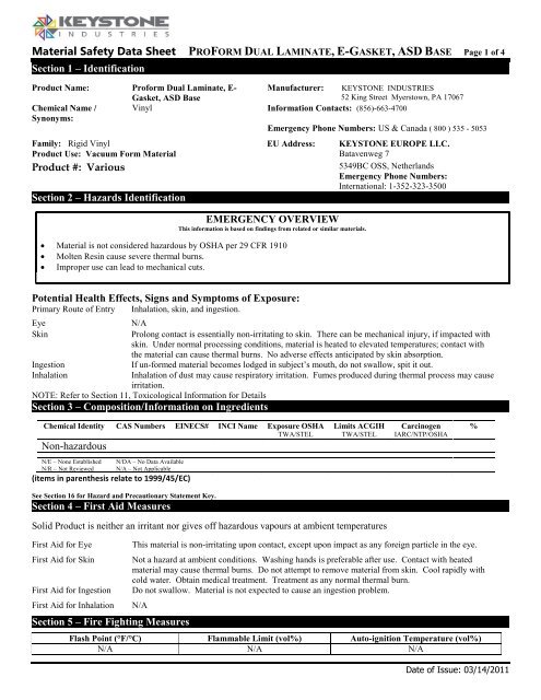 Proform Dual Laminate, E-Gasket, ASD Base - MSDS.pdf - Keystone ...