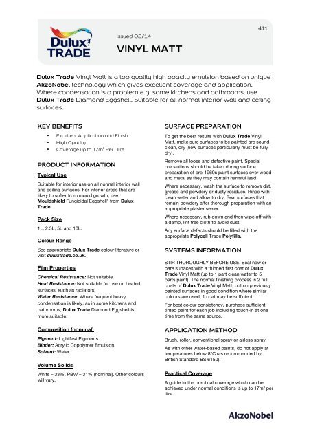 Download Pdf Datasheet For Dulux Trade Vinyl Matt 411