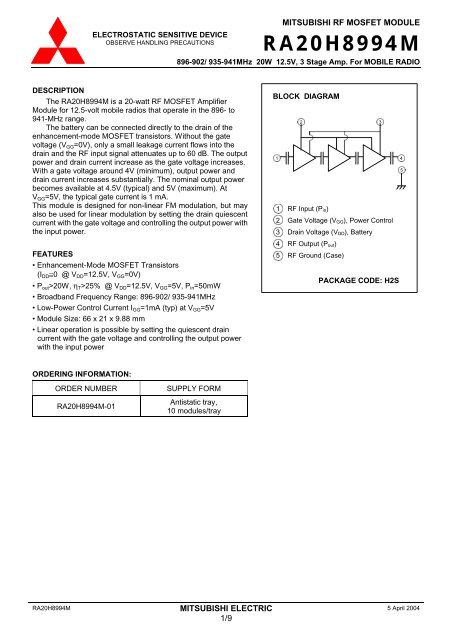 RA20H8994M 三菱 896-941MHz 20W モジュール 1個 1-969489-1 Pricing