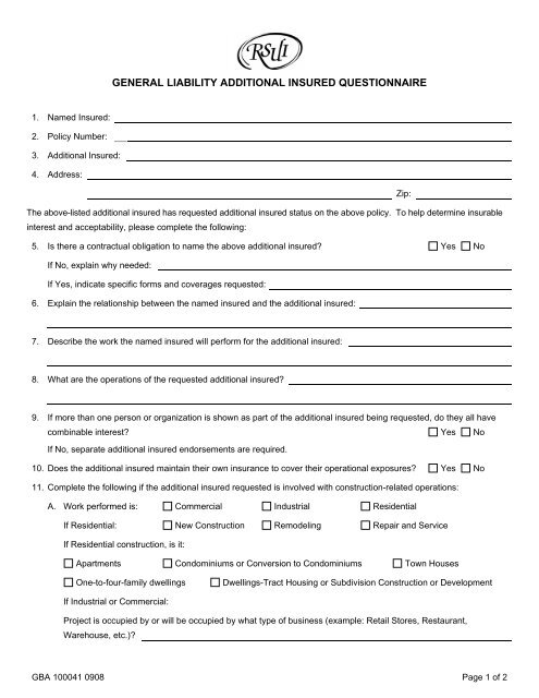 General Liability Additional Insured Questionnaire