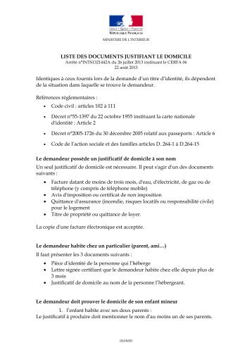 liste des documents justifiant le domicile au 22 aoÃ»t 2013â¦