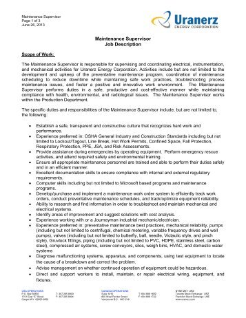 Maintenance Supervisor Job Description - Uranerz Energy ...