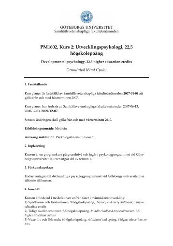 PM1602, Kurs 2: Utvecklingspsykologi, 22,5 hÃ¶gskolepoÃ¤ng