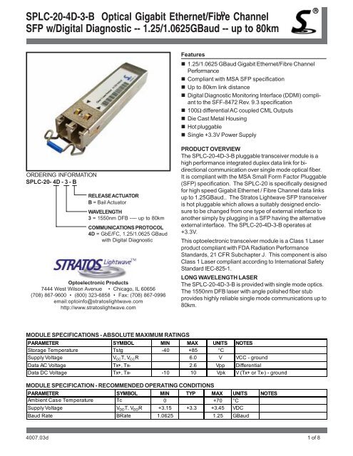 SPLC-20-4D-3-B Optical Gigabit Ethernet/Fibre Channel SFP w ...