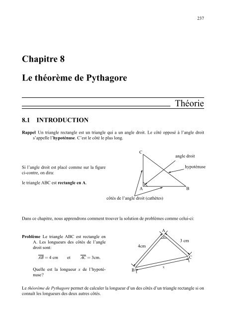 Chapitre 8 Le thÃ©orÃ¨me de Pythagore ThÃ©orie