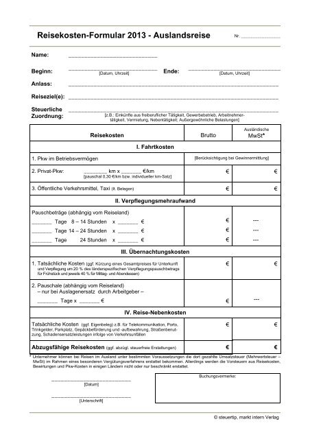 Reisekosten Formular 2013 Auslandsreise