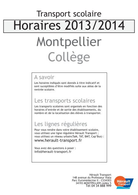 Montpellier CollÃ¨ge Horaires 2012/2013 - HÃ©rault Transport