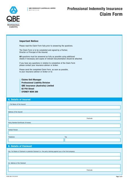 QBE Professional Indemnity Claim Form - AIS Insurance Brokers