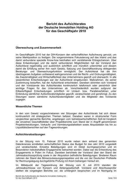 Bericht Des Aufsichtsrates Der Deutsche Immobilien Holding Ag F