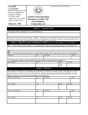 Articles of Incorporation Pursuant to Article 3.02 Texas ... - FormSend