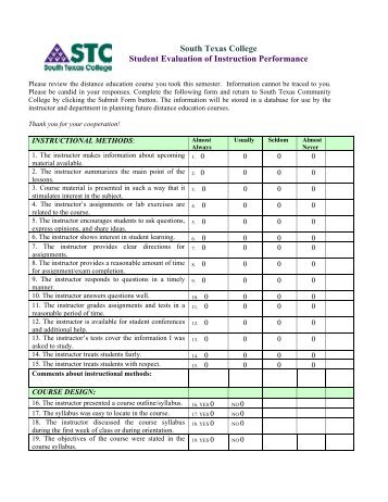 On-Line Student Evaluation of Instructor Performance Form