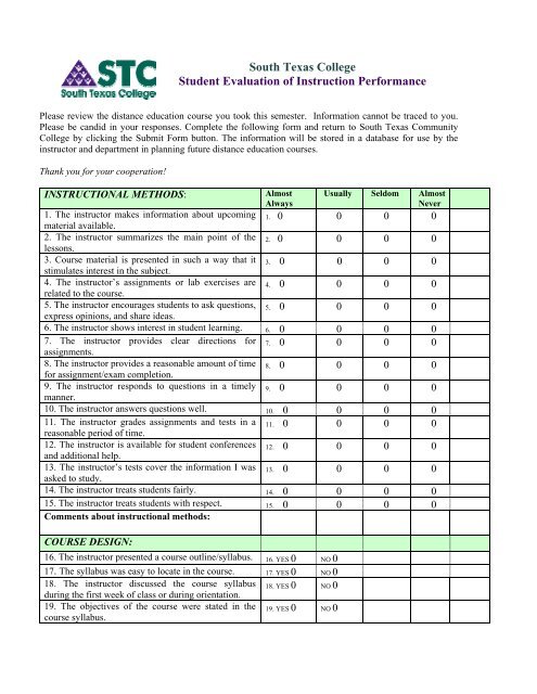 On-Line Student Evaluation of Instructor Performance Form